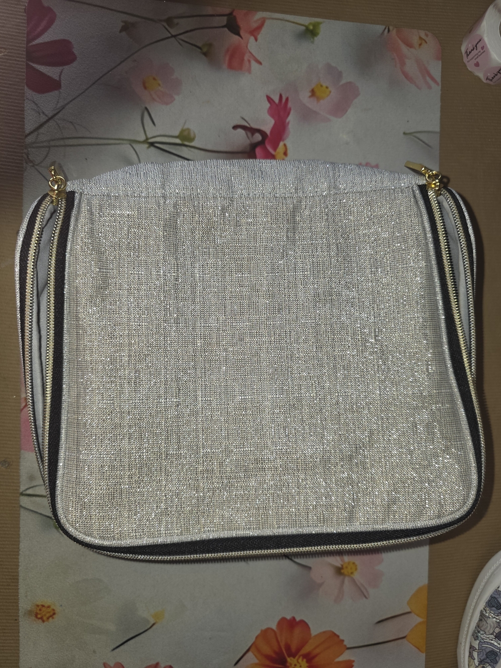Estee Lauder Silver Glitter Cosmetic Pouch with Gold Accents
